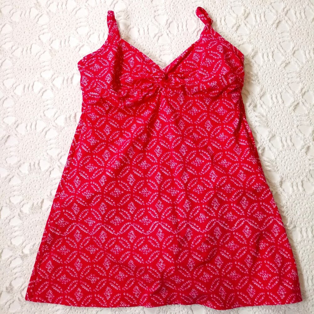 Lands End Swimsuit Dress One Piece Bathing Suit Pink White V Neck Bra 12P Women